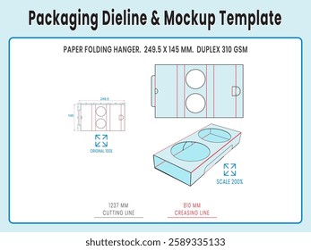 Paper Folding Hanger 249.5 x 145 mm. Duplex Paper. Dieline Real Shape and Dimension. Mockup Template. Equipped die cut lengths prepared for production.