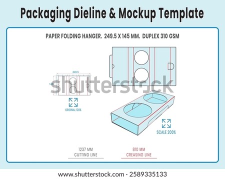 Paper Folding Hanger 249.5 x 145 mm. Duplex Paper. Dieline Real Shape and Dimension. Mockup Template. Equipped die cut lengths prepared for production.