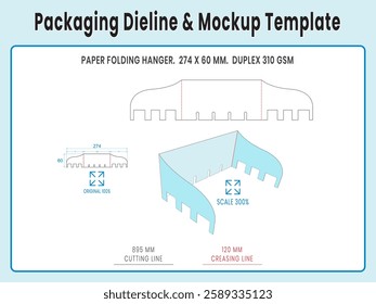 Paper Folding Hanger 274 x 60 mm. Duplex Paper. Dieline Real Shape and Dimension. Mockup Template. Equipped die cut lengths prepared for production.