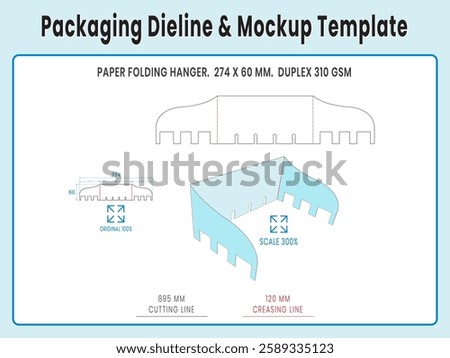 Paper Folding Hanger 274 x 60 mm. Duplex Paper. Dieline Real Shape and Dimension. Mockup Template. Equipped die cut lengths prepared for production.