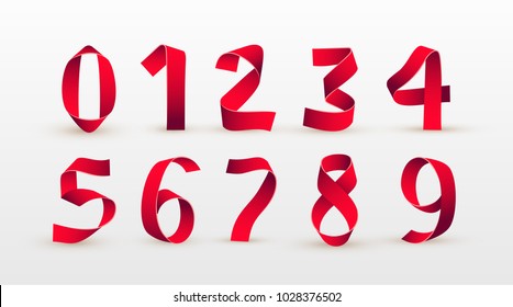 Paper folding numbers. Red ribbon script font. Modern stylized paper font. Alphabet letters. Elements design. Celebration Vector illustration. Isolated on white background