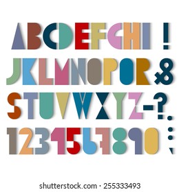 Paper font, numbers and punctuation mark with shadows. Vector set