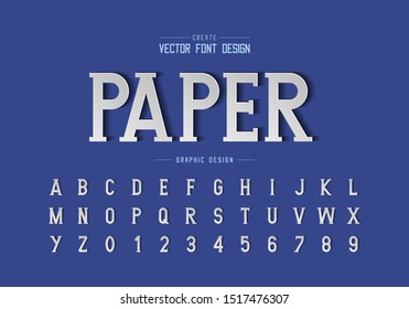 Paper font shadow and alphabet vector, Writing style typeface letter and number design, Graphic text on blue background