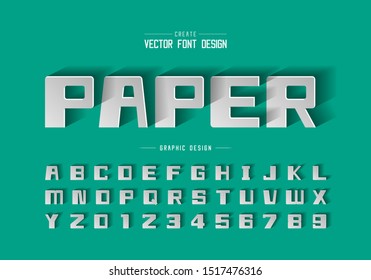 Paper font shadow and bold alphabet vector, Square typeface letter and number design, Graphic text on green background