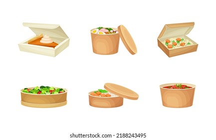 Paper food boxes set. Disposable takeaway packages for takeaway food vector illustration