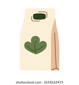 Paper food craft bag package, eco-friendly herbal tea drink packaging, natural biodegradable product container, sustainable beverage branding, green leaf emblem, minimal organic vector illustration.