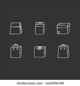 Paper food packages chalk white icons set on black background. Cardboard boxes, bags for products, meal. Disposable containers for lunch, grocery. Isolated vector chalkboard illustrations