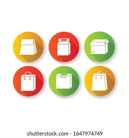 Paper food packages flat design long shadow glyph icons set. Cardboard boxes, bags for products, meal. Disposable containers for lunch, grocery. Silhouette RGB color illustrations