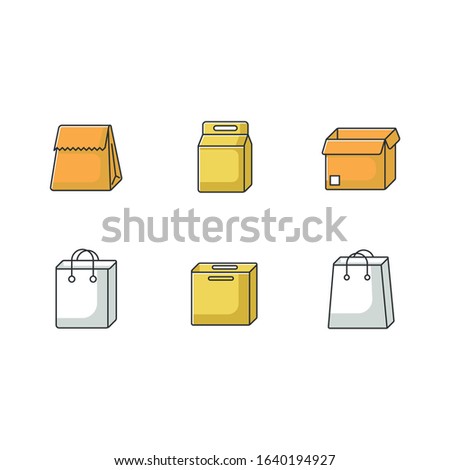 Paper food packages yellow RGB color icons set. Cardboard boxes, carton bags for products, meal. Disposable containers for lunch, grocery. Isolated vector illustrations
