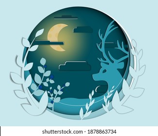 paper forest with deer. Cut the cardboard. The application of the paper. deep style vector. origami with winter landscape. the moon shines at night. Cloud landscape. Wavy lines in pastel colors