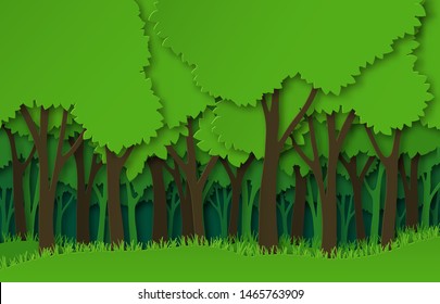 Paper forest. Green paper cut trees silhouettes, natural layered landscape. 3d origami ecosystem abstract vector style cutting craft concept