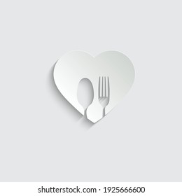 paper fork spoon and heart icon. food restaurant sign. love food symbol