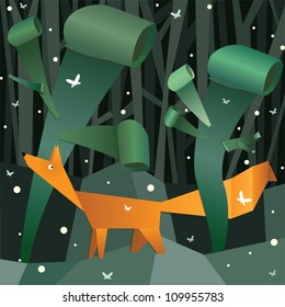 Raposa de papel em uma floresta de papel. Ilustração em estilo de recortes de papel tridimensional