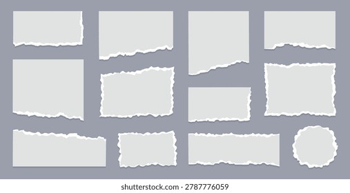 Paper frame rip collage set. Hand drawn paper frame rip cut tear white sheet texture edge. Torn vintage scrap note picture label memo scrapbook grunge background. Vector