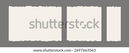 Paper frame set with jagged edges. Beige square and rectangle torn paper sheet collection. Ripped page template background for poster, text box, banner, collage, sticker. Vector craft backdrops