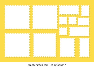 Paper frames with carved edges for photos of different shapes on yellow background. Template, place your content. Photography, memories, creativity, gift, card, decorations, for advertising. Vector