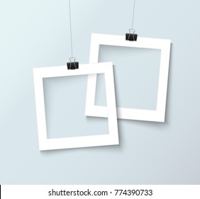 Paper Frames With Paper Clips Isolated On Grey Background. Design Template For Your Photography And Picture. Realistic Vector Illustration