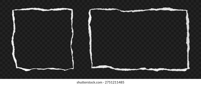 Paper frames made from realistic textured torn paper edges. Set of rectangular and square frame made from ripped edges of paper at transparent background. Vector illustration.