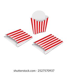 Paper french fry box and paper pouch bags. White and red striped design. Isolated 3d mockup. Easy editable. Fast street food paperboard packaging set. Realistic vector mock-up