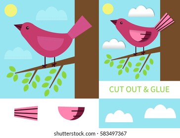 Paper game for children. Application with bird.Use scissors and glue.