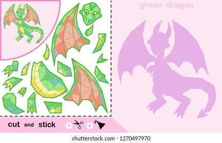 Paper game for children, green dragon. To create an image, use scissors and glue.