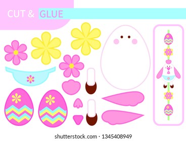 Paper game for children's learning and entertainment "cut and glue". Decoration Easter spring: laying hen in an apron and bright yellow eggs. In shades of pink, for girls