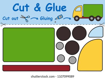 Paper Game For The Development Of Preschool Children. Cut Parts Of The Image And Glue On The Paper. Toy Truck. Vector Illustration 