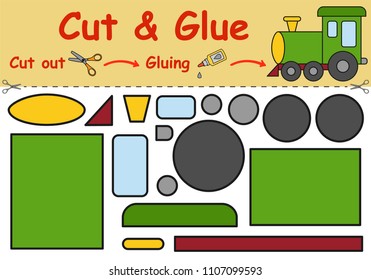 Paper game for the development of preschool children. Cut parts of the image and glue on the paper. Toy locomotive. Vector illustration 