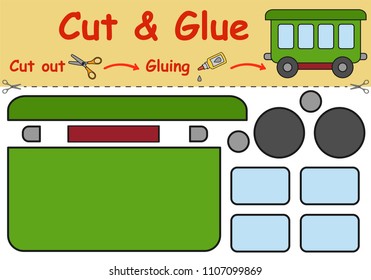 Paper game for the development of preschool children. Cut parts of the image and glue on the paper. Toy wagon. Vector illustration 