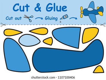 Paper game for the development of preschool children. Cut parts of the image and glue on the paper. Toy airplane. Vector illustration 