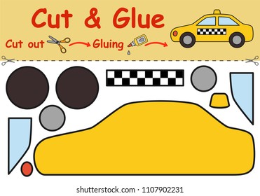 Paper game for the development of preschool children. Cut parts of the image and glue on the paper. Toy taxi. Vector illustration 