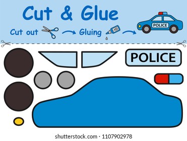 Paper game for the development of preschool children. Cut parts of the image and glue on the paper. Toy police car. Vector illustration 