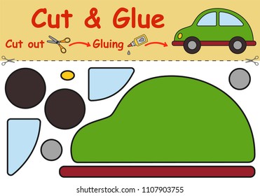 Paper game for the development of preschool children. Cut parts of the image and glue on the paper. Toy car. Vector illustration 