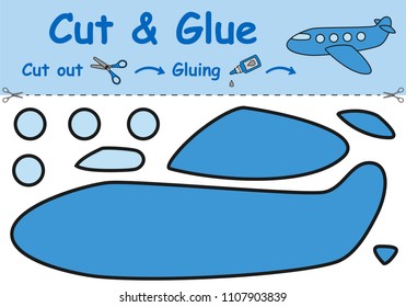 Paper game for the development of preschool children. Cut parts of the image and glue on the paper. Toy airplane. Vector illustration 