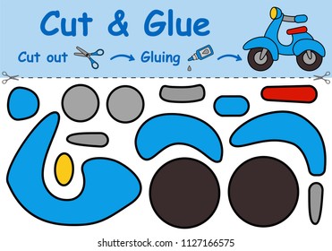 Paper game for the development of preschool children. Cut parts of the image and glue on the paper. Toy motorcycle. Vector illustration 