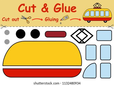 Paper game for the development of preschool children. Cut parts of the image and glue on the paper. Toy tram. Vector illustration 