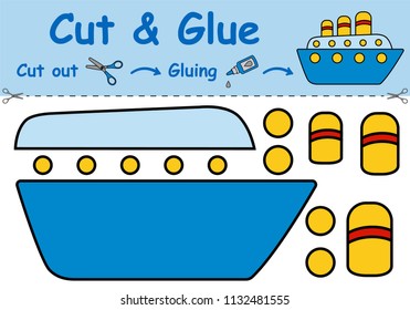 Paper game for the development of preschool children. Cut parts of the image and glue on the paper. Toy ship. Vector illustration 