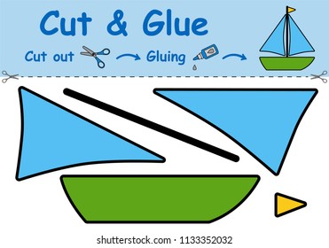 Paper game for the development of preschool children. Cut parts of the image and glue on the paper. Toy sailboat. Vector illustration 