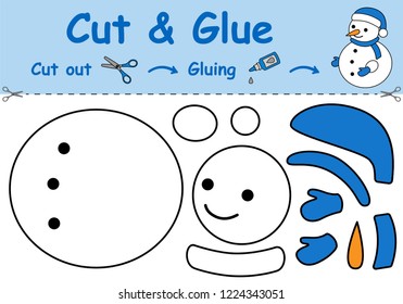 Paper game for the development of preschool children. Cut parts of the image and glue on the paper. The snowman. Vector illustration 