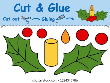 Paper game for the development of preschool children. Cut parts of the image and glue on the paper. The Christmas holly with a candle. Vector illustration 