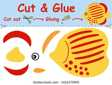 Paper game for the development of preschool children. Cut parts of the image and glue on the paper. The coral fish. Vector illustration 