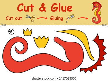 Paper game for the development of preschool children. Cut parts of the image and glue on the paper. The sea Horse. Vector illustration 