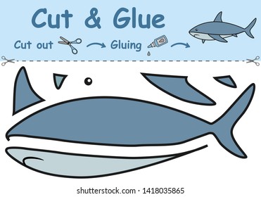 Paper game for the development of preschool children. Cut parts of the image and glue on the paper. The shark. Vector illustration 