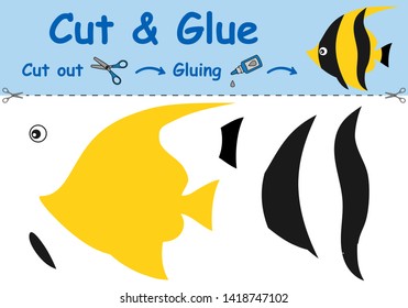 Paper game for the development of preschool children. Cut parts of the image and glue on the paper. The coral fish. Vector illustration 