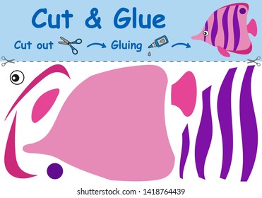 Paper game for the development of preschool children. Cut parts of the image and glue on the paper. The coral fish. Vector illustration 