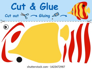 Paper game for the development of preschool children. Cut parts of the image and glue on the paper. The coral fish. Vector illustration 