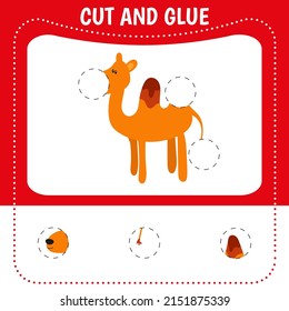 Paper game for the development of preschool children. Cut parts of camel and glue on the paper. Vector illustration