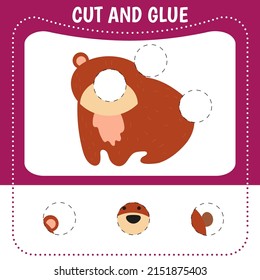 Paper game for the development of preschool children. Cut parts of bear and glue on the paper. Vector illustration