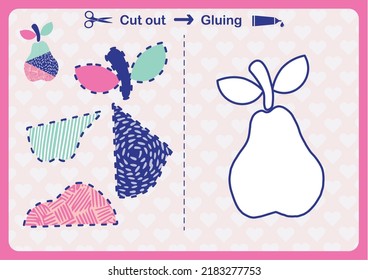 Juego de papel para el desarrollo de niños en edad preescolar. Cortar partes de la imagen y pegar en el papel. Corta y pega juegos educativos para niños. Ilustración del vector