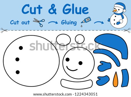 Paper game for the development of preschool children. Cut parts of the image and glue on the paper. The snowman. Vector illustration 